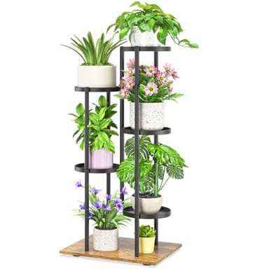 iDavosic.ly 5 Tier Plant Stand Indoor Outdoor, Tiered Corner Multiple Flower Pot Holder Shelf, Metal 37 Inch Tall Display Rack for Patio Porch Living Room Garden Balcony, Modern Black & Rustic Brown - Image 1