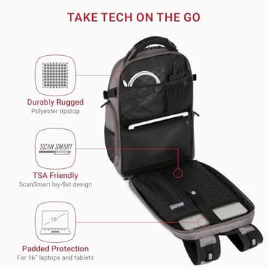 SwissGear Travel Tech Elite Laptop Backpack – Fits Laptops up to 16” – ScanSmart TSA-Friendly Backpack with USB Port, Shoe Compartment & Organizer Pockets – Grey Ballistic - Image 2