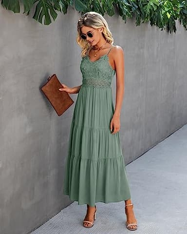 Dokuritu Women's Beach Crochet Lace Maxi Dress Wedding Guest Bridesmaid Cocktail Summer Spaghetti Strap Long Sage Green Dresses 2025(SproutGreen,L) - Image 4
