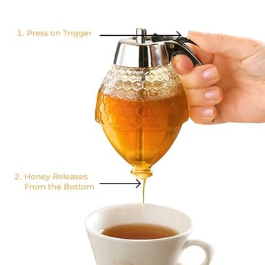 Hunnibi 8oz No Drip Glass Honey Dispenser with Plastic Top - Honeycomb-Style Syrup Server and Bee-Themed Storage Jar with Stand - 6" Clear Container for Honey, Maple Syrup - Image 5