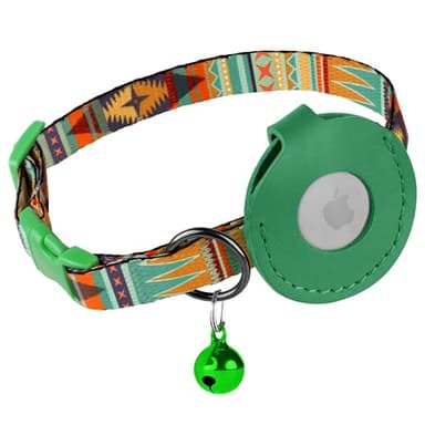 Airtag Cat Collar with Bell - Non Breakaway Soft Pet Collar with Leather Air Tag Holder - Adjustable GPS Anti-Lost Collars for Girl Boy Cats Kitten Puppies, Lightweight and Patterned (Mexican Green) - Image 2