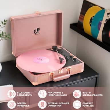 Vinyl Record Player 3-Speed Portable Suitcase Record Player with Built-in Speakers, Headphone Jack, RCA-Out/AUX-in, Vintage Belt-Driven Turntable, Pink & Rose Gold - Image 6