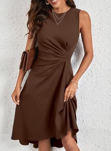 Happy Sailed Midi Dresses for Women Date Night Summer Sleeveless Empire Ruched Waisted Slim Fit Irregular Hem Flared A-Line High Low Cocktail Party Dress Fashion 2025 Brown X-Large - Image 2