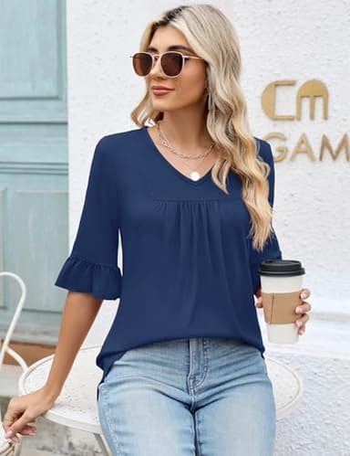 LOMON Bell Sleeve Tops for Women Summer V Neck 3/4 Sleeve Shirts Loose Half Sleeve Blouses Blue L - Image 4