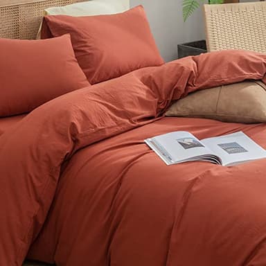 BESTOUCH Duvet Cover Set 100% Washed Cotton Linen Feel Super Soft Comfortable Chic Lightweight 2 PCs Home Bedding Set Solid Burnt Brick Red Twin/Twin XL - Image 2