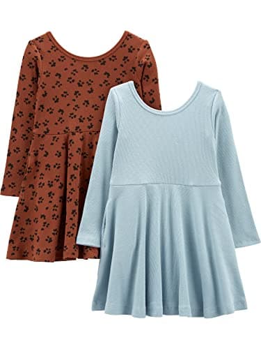 Simple Joys by Carter's Girls' 2-Pack Stretch Rib Dresses, Brown Animal Print/Dusty Blue, 18 Months - Image 1