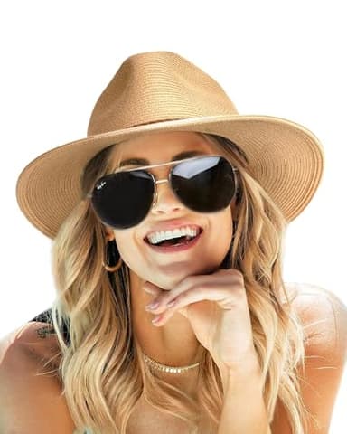 FURTALK Sun Hats for Women Summer Wide Brim UV UPF 80+ Panama Fedora Foldable Packable Straw Beach Hat Khaki - Image 1