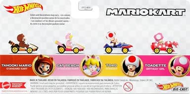 Hot Wheels Mario Kart 4-Pack, Collectible Set of 4 Toy Vehicles with Tanooki Mario, Cat Peach, Toad Sneeker & Toadette Birthday Girl - Image 6