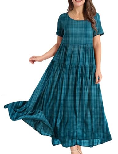 YESNO Women Casual Loose Bohemian Floral Dress with Pockets Short Sleeve Long Maxi Summer Beach Swing Dress (3XL EJF Solid C Dark Cyan) - Image 1