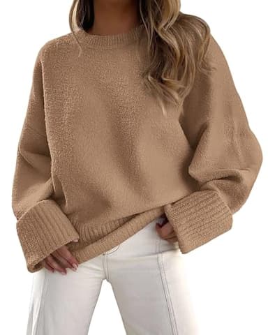 PRETTYGARDEN Women's Fall Oversized Sweaters Casual Crewneck Pullover Long Sleeve Fuzzy Chunky Knit Tops Blouse (Khaki,Large) - Image 1