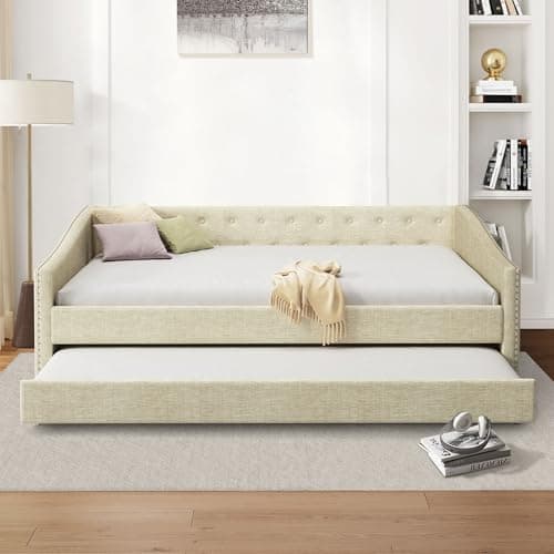 FAVSH Full Size Upholstered Daybed with Trundle,Tufted Sofa Bed w/Button on Back and Piping on Waved Shape Arms for Bedroom Guest Room, No Box Spring Needed,Beige - Image 1