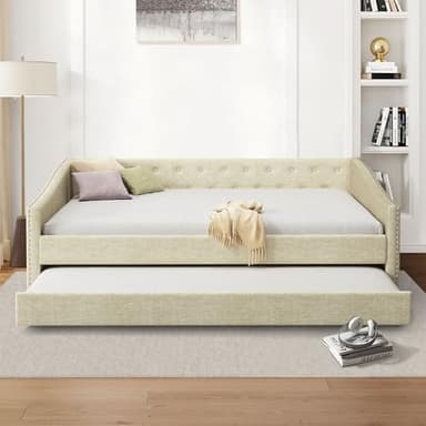 FAVSH Full Size Upholstered Daybed with Trundle,Tufted Sofa Bed w/Button on Back and Piping on Waved Shape Arms for Bedroom Guest Room, No Box Spring Needed,Beige - Image 1