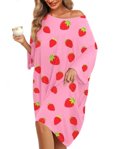 KFUBUO Plus Size Nightgowns for Women Oversized Sleep Tshirts Dress Pjs Lounge Short Sleeves Strawberry Sleepwear With Pocket Fit S-5XL - Image 1