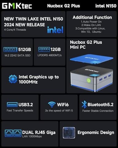 GMKtec Mini PC Intel N150(Turbo 3.6GHz) 12GB DDR5 512GB SSD Dual LAN, Desktop Mini Computer 4K Triple Display, WiFi6, BT5.2, Energy Efficient Nucbox G2 Plus - Image 2
