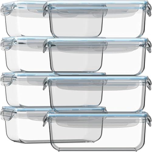 Razab 16 Pc (Set of 8) 30 Oz Glass Meal Prep Containers with Lids, Airtight Large Glass Food Storage Containers, Reusable Leak Proof BPA Free, Freezer to Oven and Dishwasher Safe - Image 1