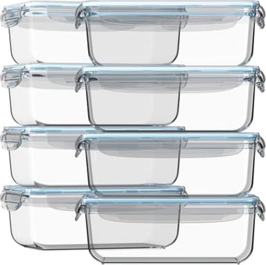 Razab 16 Pc (Set of 8) 30 Oz Glass Meal Prep Containers with Lids, Airtight Large Glass Food Storage Containers, Reusable Leak Proof BPA Free, Freezer to Oven and Dishwasher Safe - Image 1