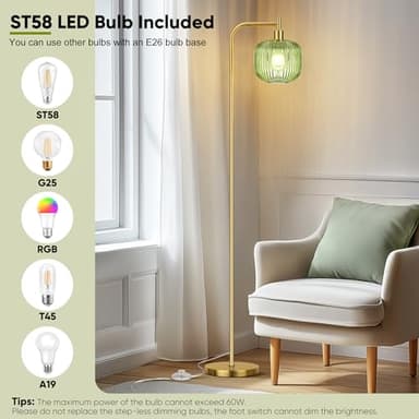QiMH Glass Floor Lamp for Living Room, Modern Standing Lamp with Ribbed Glass Lampshade Pedal Switch, 67” Tall Lamp for Bedroom Study Room, Brushed Gold (2700K LED Bulb Included) - Image 5