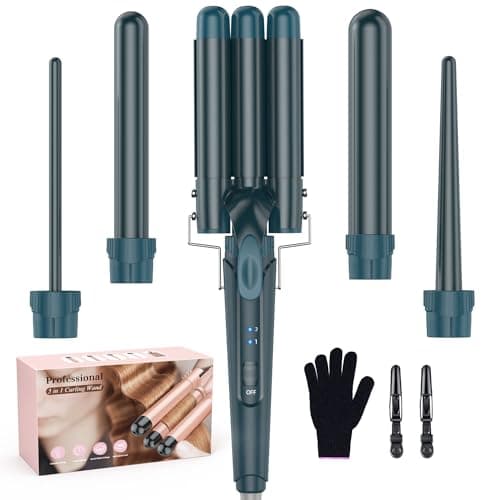 Waver Curling Iron Wand - BESTOPE PRO 5 in 1 Curling Wand Set with 3 Barrel Hair Crimper for Women, Fast Heating Crimper Wand Curler in All Hair Type - Green - Image 1