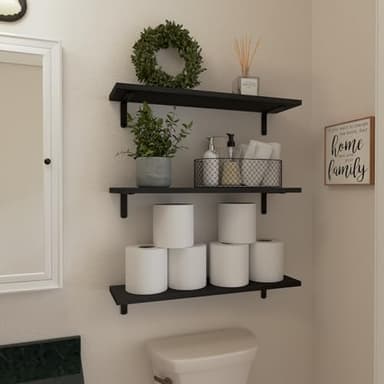 WOPITUES Wood Floating Shelves Set of 6, 24 inch Long Floating Shelves for Wall Decor, Farmhouse Shelf for Bedroom, Bathroom Storage Shelves, Book Shelves for Living Room - Black - Image 5