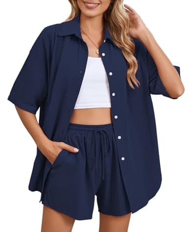 Fixmatti Linen Sets For Women 2 Piece Casual Short Sleeve Sweatsuit Outfit Shirt And High Waisted Shorts Set Navy XL - Image 7