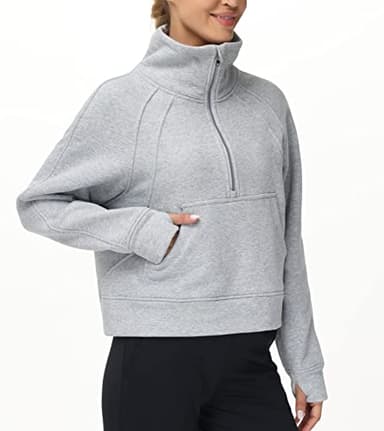 THE GYM PEOPLE Women's Half Zip Pullover Sweatshirt Fleece Stand Collar Crop Sweatshirt with Pockets Thumb Hole Grey - Image 7
