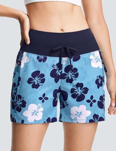 ISEEGZ Women's 5"/9" High Waisted Swim Board Shorts Quick Dry UPF 50+ Womens Swim Trunk Bottoms with Liner Zipper Pockets Blue Floral - Image 3