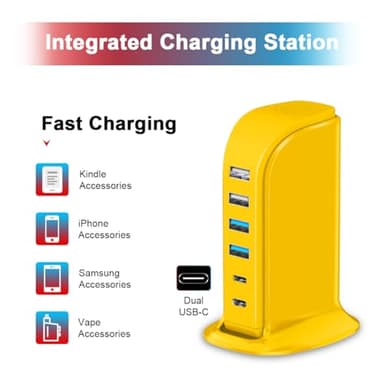 45W USB Charging Station, 6-Port Hub with 4 USB-A & 2 USB-C Ports, 5ft Cable, Yellow - Image 5