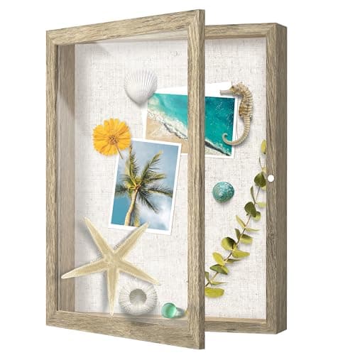 FrameWorks 11x14 Deep Shadow Box Frame, Wooden Display Case w. Linen Board & Tempered Glass Door - Natural Woodgrain - Medium - Wall Mounted - Image 1