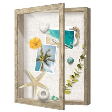 FrameWorks 11x14 Deep Shadow Box Frame, Wooden Display Case w. Linen Board & Tempered Glass Door - Natural Woodgrain - Medium - Wall Mounted - Image 1