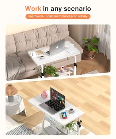 QZMDSM Portable Desk with Wheels Small Standing Desk on Wheels Adjustable Height Rolling Desks for Small Spaces, 32" Computer Desks with Storage Shelves for Home Office Study White - Image 3