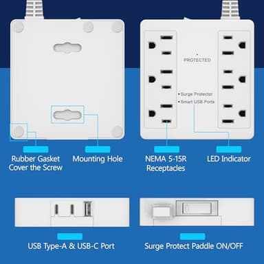 LIDER Outlet Extender with 6 Receptacles, USB-A and 2 USB-C, Ultra-Thin Flat-Plug with Cord Extender, 6-Outlet Power Strip, Slim Angled Design, Surge Protector, 1500 Joules, 5ft Cord, UL-Listed, White - Image 4