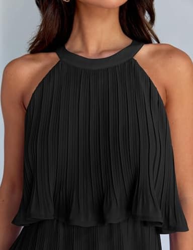 ZESICA Women's 2025 Summer Halter Dresses Sleeveless Ruffle Tiered Layered Chiffon Pleated A Line Swing Mini Dress,DarkBlack,Medium - Image 5