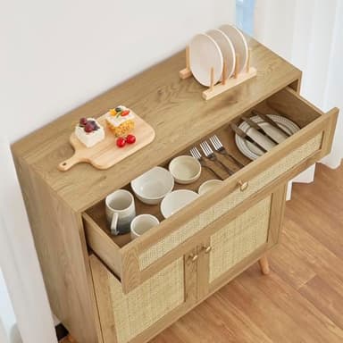 Iwell Storage Cabinet with Adjustable Shelf, Rattan Cabinet with Large Drawer, Sideboard Bufffet Cabinets, Bathroom Storage Cabinets, Accent Cabinets for Entryway, Natural - Image 6