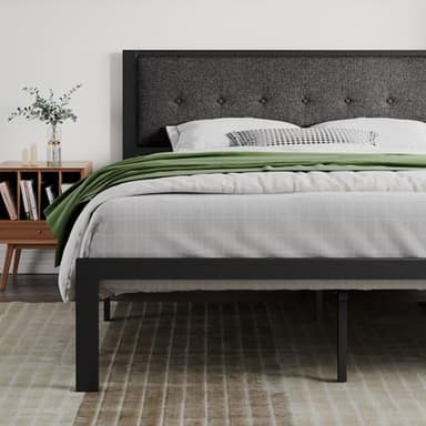 SHA CERLIN King Size Platform Bed Frame with Upholstered Headboard, Metal Slats Support, Button Tufted Square Stitched Headboard, Noise Free, No Box Spring Needed, Easy Assembly, Dark Grey - Image 1
