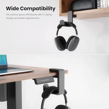 EURPMASK Rotating Headphone Stand - PC Gaming Headset Holder, Adjustable Clamp-on Under Desk Hanger With 360 Degree Swivel & Cable Clip Organizer - Black - Image 3