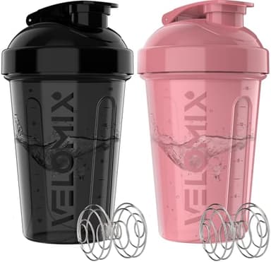 VELOMIX-2 Pack- 20 oz Protein Shaker Bottles for Protein Mixes - 2x Wire Whisk | Leak Proof Shaker Cups for Protein Shakes and Pre Workout | Protein Shaker Bottle Pack | Protein Mixer Cup (Pink&Black) - Image 1