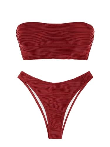 ZAFUL Women Strapless Textured Bandeau Bikini 2 Piece Swimwear Cheeky Solid Lace up Bathing Suits(1-Red,M) - Image 4