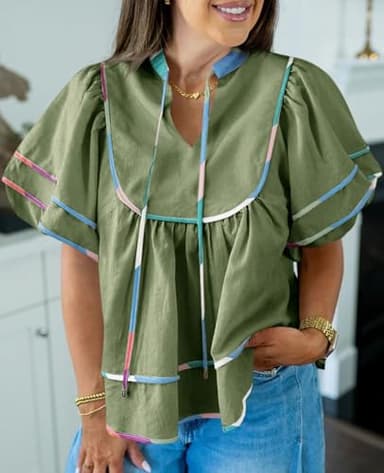 Cicy Bell Womens Summer Babydoll Tops V Neck Short Lantern Sleeve Shirts Cute Loose Fit Peplum Flowy Blouses Army Green - Image 2