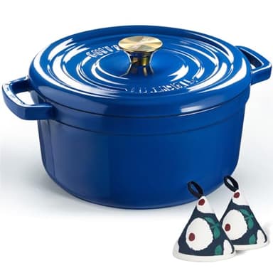 Overmont Enameled Cast Iron Dutch Oven - 5QT Pot with Lid Cookbook & Cotton Potholders - Heavy-Duty Cookware for Braising, Stews, Roasting, Bread Baking blue - Image 1