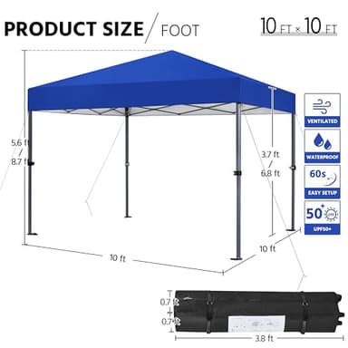 Yaheetech 10x10 1-Person Setup Pop Up Canopy Tent, Instant Portable Commercial Canopy Tent, Outdoor Gazebo with 1-Button Push, Wheeled Bag & 4 Sandbags for Home, Party & Outdoor Activities, Blue - Image 3