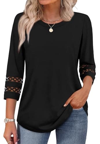 3/4 Length Sleeve Womens Tops Trendy Blouses for Women Dressy Casual Crewneck T Shirts Fall Fashion Clothing Black M - Image 3
