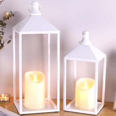 MATAHUM 2pcs Wedding Lanterns Decorative with LED Flameless Candle - White Vintage Farmhouse Metal Decorative Candle Lanterns for Wedding, Fireplace, Table Centerpiece, Indoor, Room, Valentine Decor - Image 1