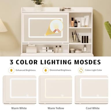 Viaozutis Vanity Desk with a Mirror and Lights，with Chair and Four Drawers, Three Adjustable Lighting Modes，with Power Outlet and Sliding LED Mirror,Bedroom Vanity Desk (White) - Image 6