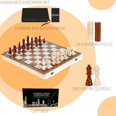 Chess Board Sets, 15 Inch Magnetic Chess Set for Adults & Kids, Checkers Board Game, Handmade Folding Chess Boards with 2 Extra Queens by Kiapeak - Image 7