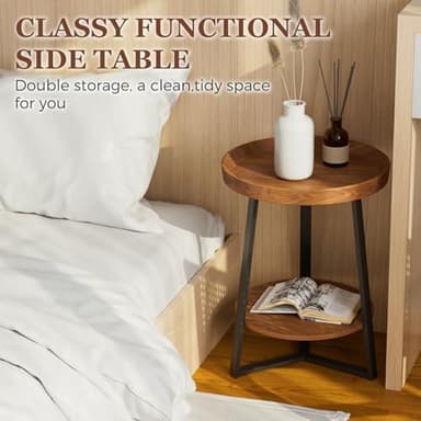 Gadroad Round End Table with Storage Shelf, 2 Tier Farmhouse Side Table Nightstand for Living Room, Bedroom, Wood Tabletop & Black Metal Frame, Brown 15.7 * 15.7 * 23.0inches - Image 6