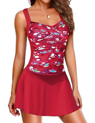 Ekouaer Swim Dress One Piece Bathing Suit Skirted Swimsuits for Women Ruched Retro Swimwear S-XXL Wine Red - Image 1