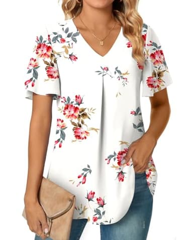 Anyally Women's Summer Dressy Chiffon Blouses V Neck Ruffle Short Sleeve Tunic Tops for Leggings Casual T-Shirts, XL Floral White - Image 2