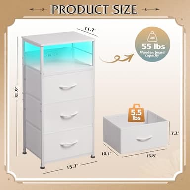 WLIVE White Night Stand with Charging Station, LED Nightstand with 3 Fabric Drawers, Tall Bedside Table with 3 USB Ports and 2 Outlets, Dresser for Small Space, 31.93" H Side Table for Bedroom - Image 3