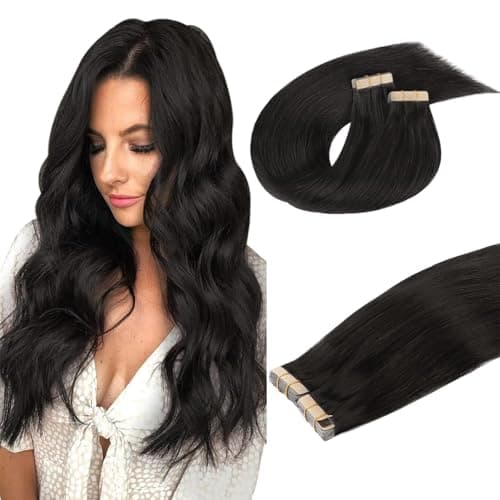 DOORES Hair Extensions Tape in Human Hair Natural Black 18 Inch 40pcs 100g, Remy Seamless Straight Real Human Hair Extensions - Image 1