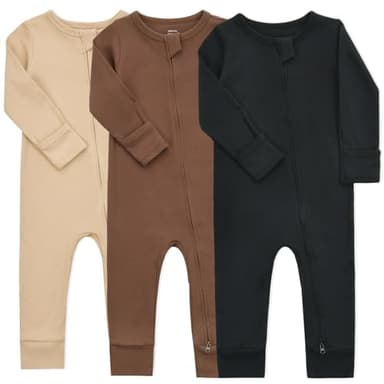 Aablexema Baby Cotton Fooltess Pajamas with Mitten, 3-pack Infant Romper Zip Up One Piece Jumpsuits Outfit(Black&Coffee&Camel,3-6m) - Image 1